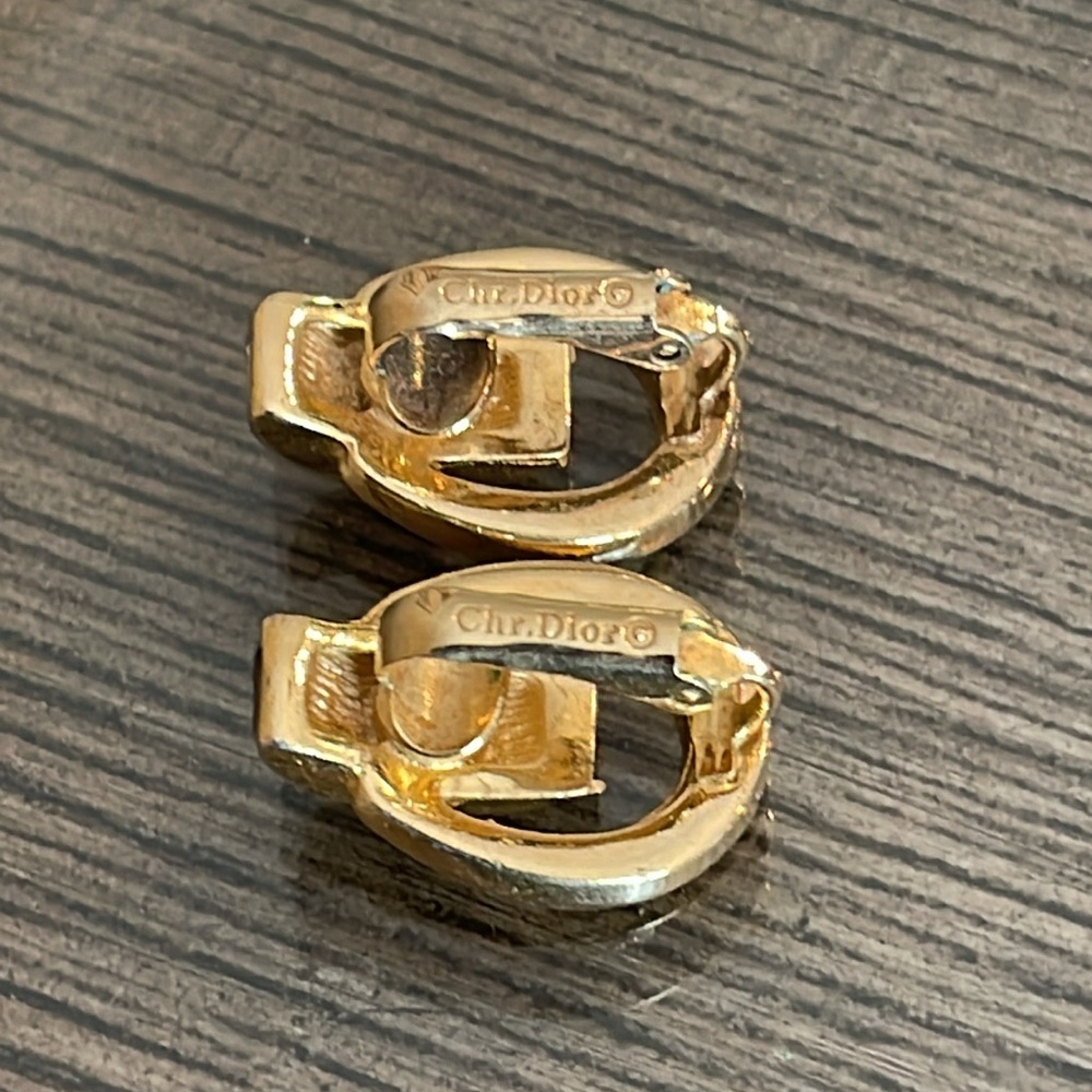 Vintage CHRISTIAN DIOR Door Knocker Clip On Earrings Gold Rhinestone Signed 70’s - Picture 10 of 17